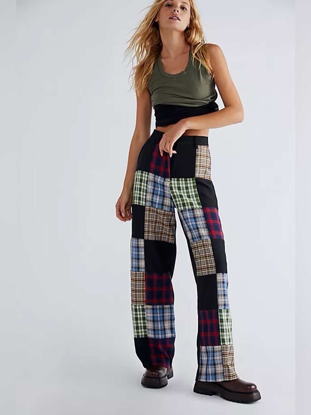 The Ragged Priest X Free People Error Plaid Patchwork Straight Leg Pants Trouser
